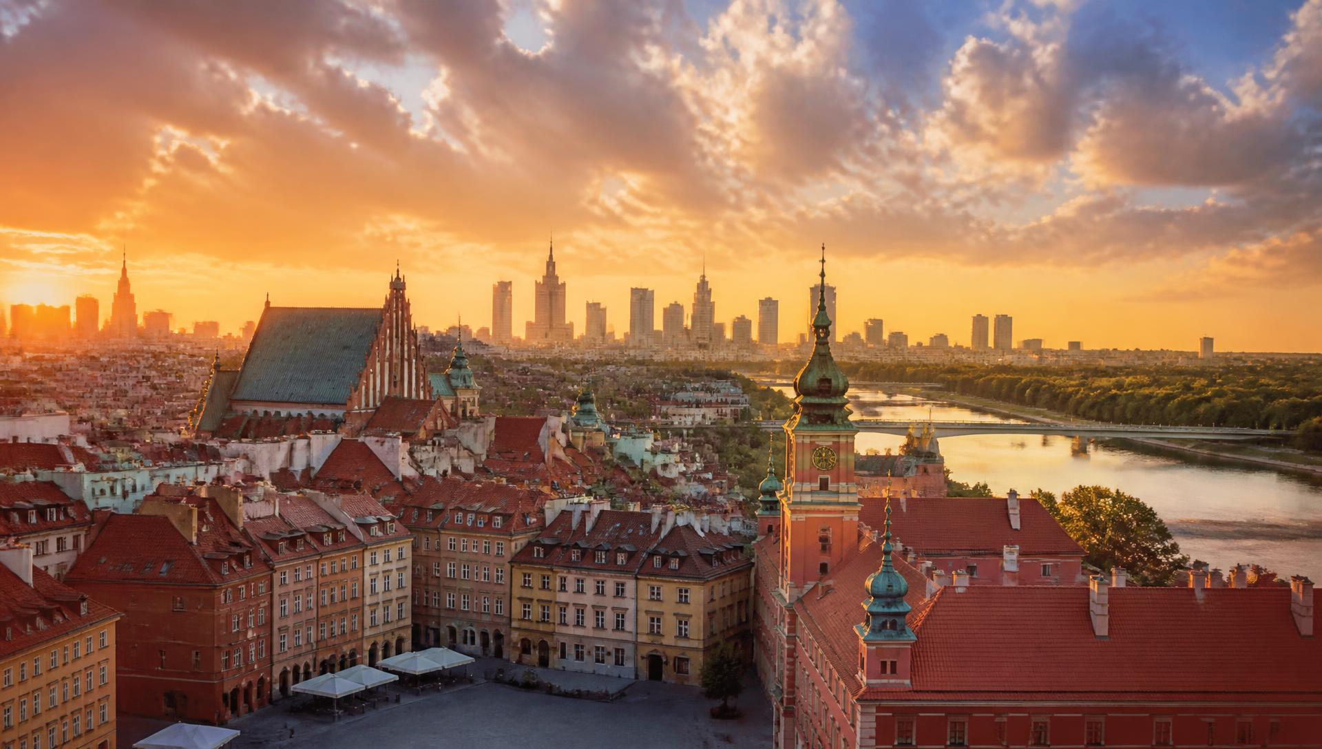Warsaw Old Town and the city skyline at golden hour